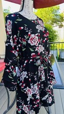 Lulus Black Floral Ruffle Bell Long Sleeve Belted Mini Skater Dress Size M