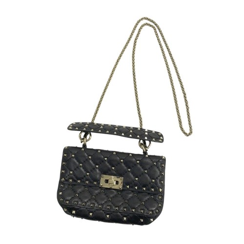VALENTINO GARAVANI Shoulder Bag Rockstud Spike Black Leather w/Shoulder Strap