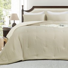 3 Piece Seersucker Oversized King Comforter Set 120x120, Breathable Beige Sof...