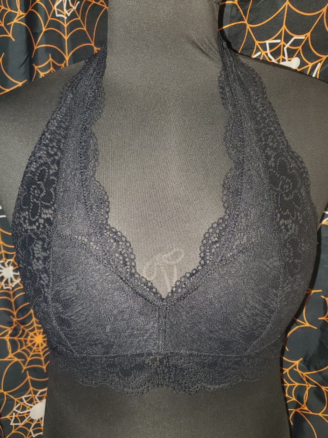 Aerie Womens Black Halter Bralette Size L Lace Eyelet Lined Wireless Intimates-image