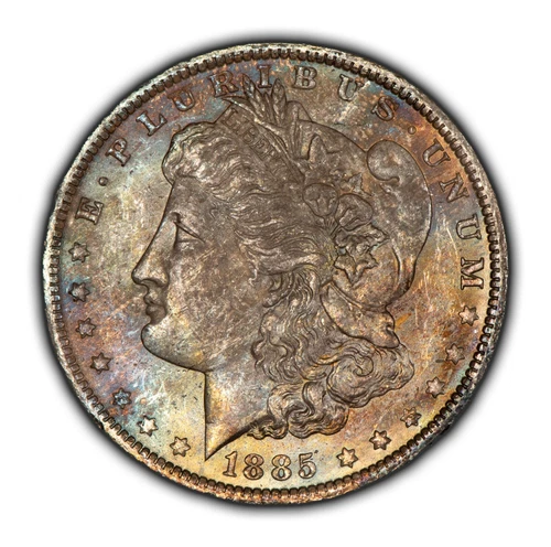 1885-O $1 Morgan Dollar - Pastel Rainbow End Roll Toning - Frosty BU - SKU-D5656