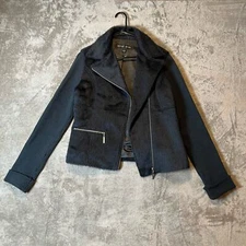 Blanc Noir Sz Large Faux Fur Dark Blue Moto Jacket Women's