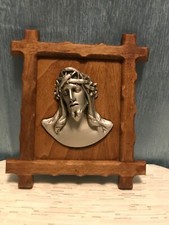 Antique Pewter Jesus Christ  Wall Plaque Head of Thorns on Wooden Board