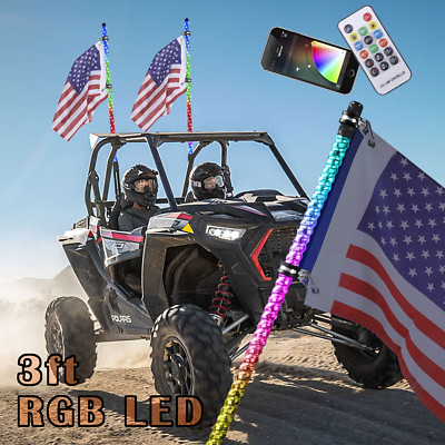 2Pcs Spiral RGB 3ft LED Lighted Whip Antenna W/Flag For ATV UTV Can Polaris RZR