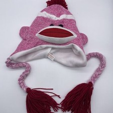 Plushland Sock Monkey Braided Pom Pom Beanie Hat White Pink Red