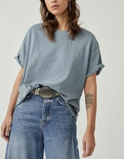Free People We The Free Blue Mirage Crew Neck Raw Edge Seams Boxy Nina Tee Sz S