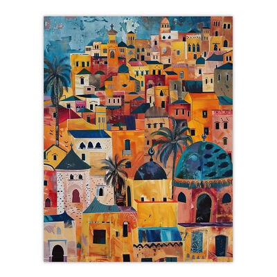 Moroccan Cityscape Artwork Colourful Exotic Ochre Wall Art Poster Print
