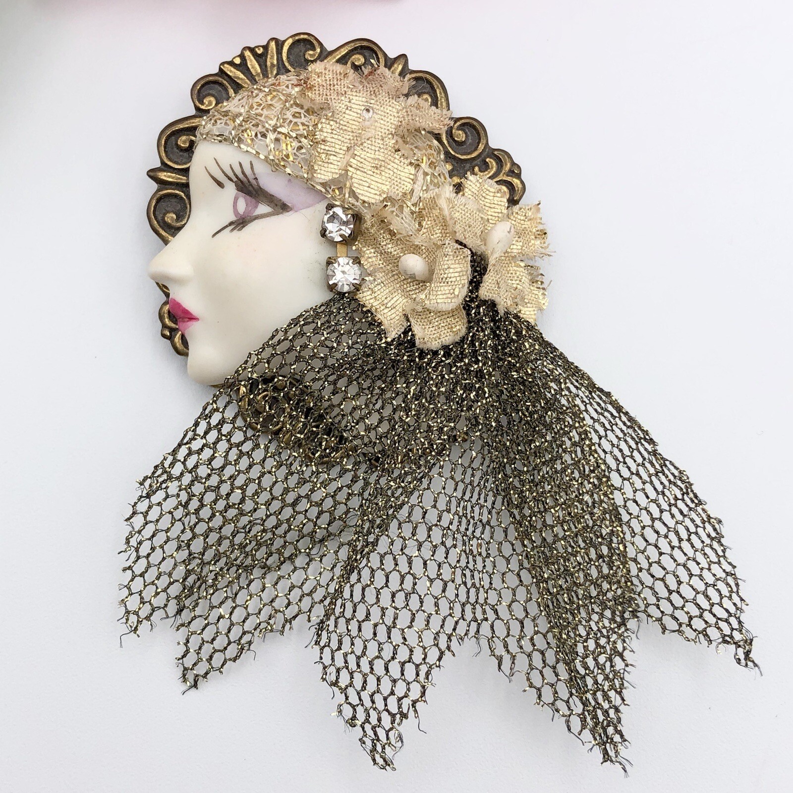 Vintage Porcelain Lady Face Profile Brooch Hand Paint… Gem