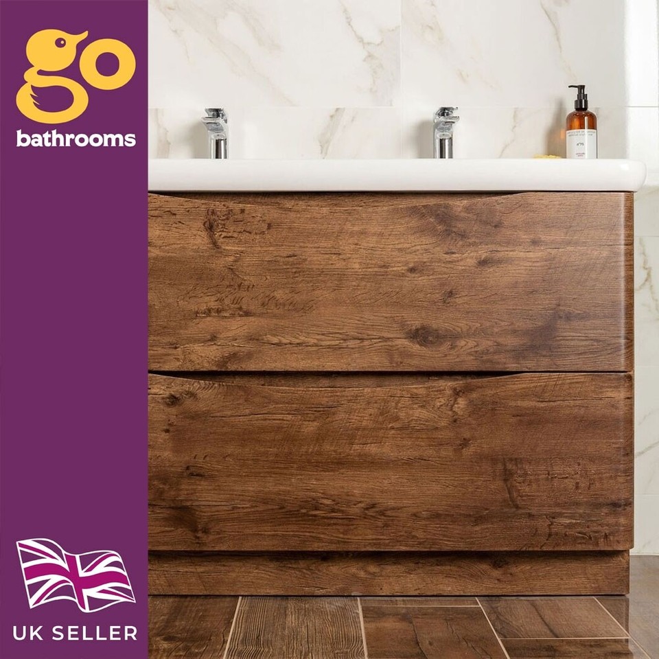 1200mm Dark Wood Vanity Unit and Sink Double Bathroom Floor Stand ...