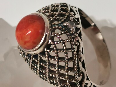 Ladies Ring with Carnelian Gemstone 925 Silver and Zircon