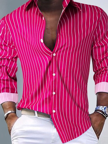 Mens Striped Casual Shirts Long Sleeves Summer Beach Loose Button T Shirt Tops - Picture 14 of 20