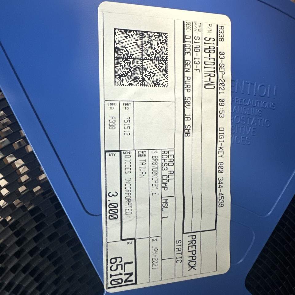 (3,000 Pcs) S1AB13F, DIODES INC, DIODE GEN PURP 50V 1A SMB RoHS FULL