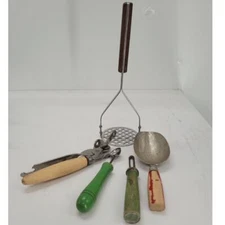Vintage Mid Century Lot-Five Kitchen Tools masher scoop Melon Baller can opener