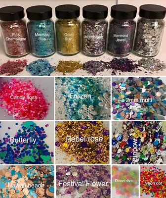 6 x GROSSE 40g GLÄSER CHUNKY FESTIVAL GLITZER MIX SET GESICHT KÖRPER TANZ KOSMETIK