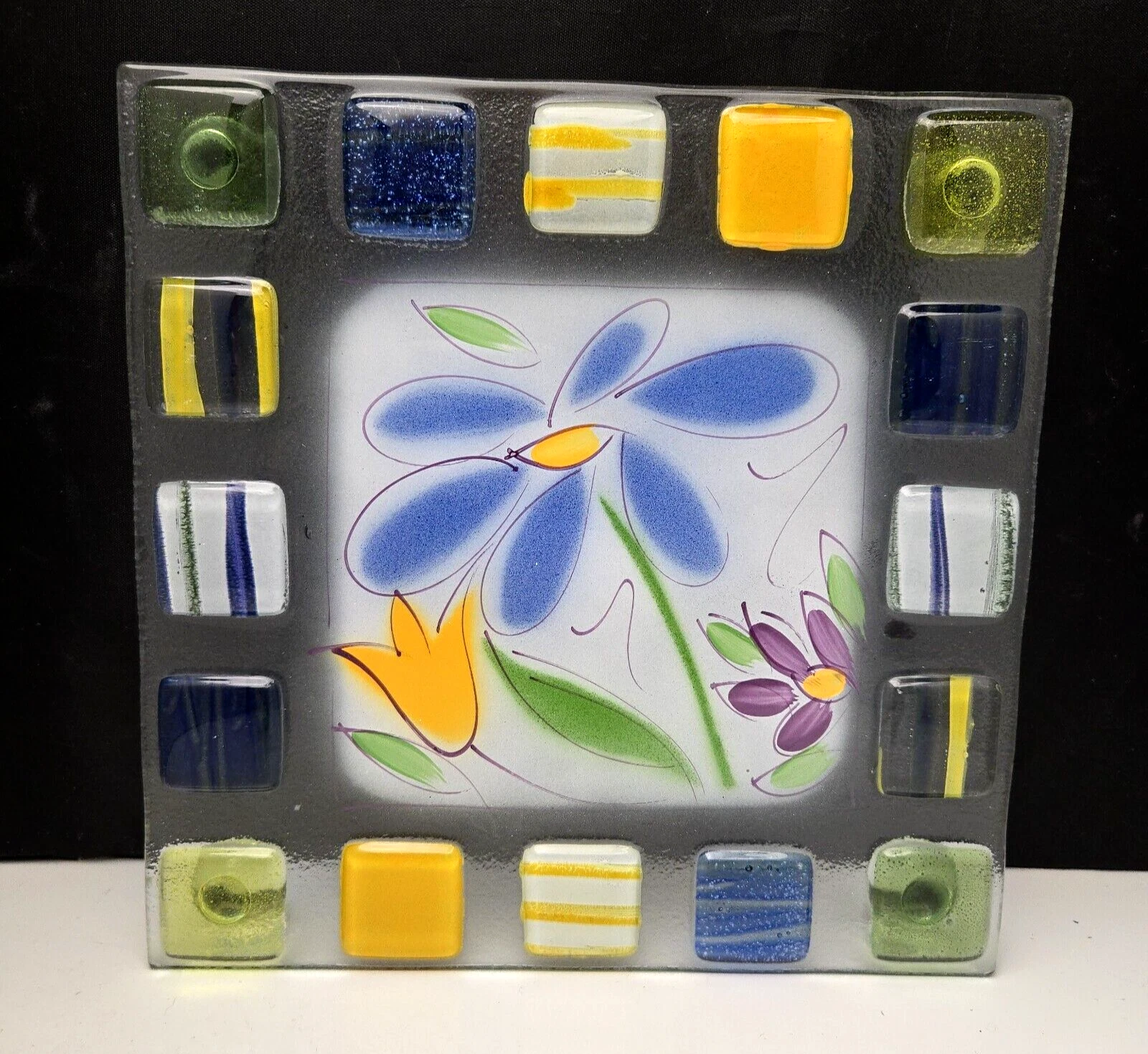 Atelier de Verre Fused Art Glass Trivet Cheese Cutting Board L'Oiseau de Bois 9"