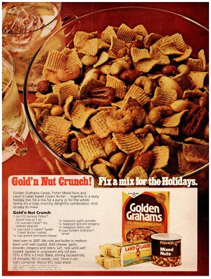 1979 Gold'n Nut Crunch Print Ad, Cereal Snack Mix Recipe Bowl Drinks Fix