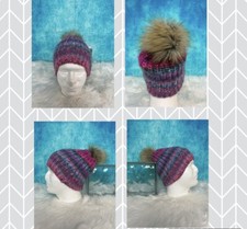 Colorful Winter Knit Hat With Faux Fur Pom