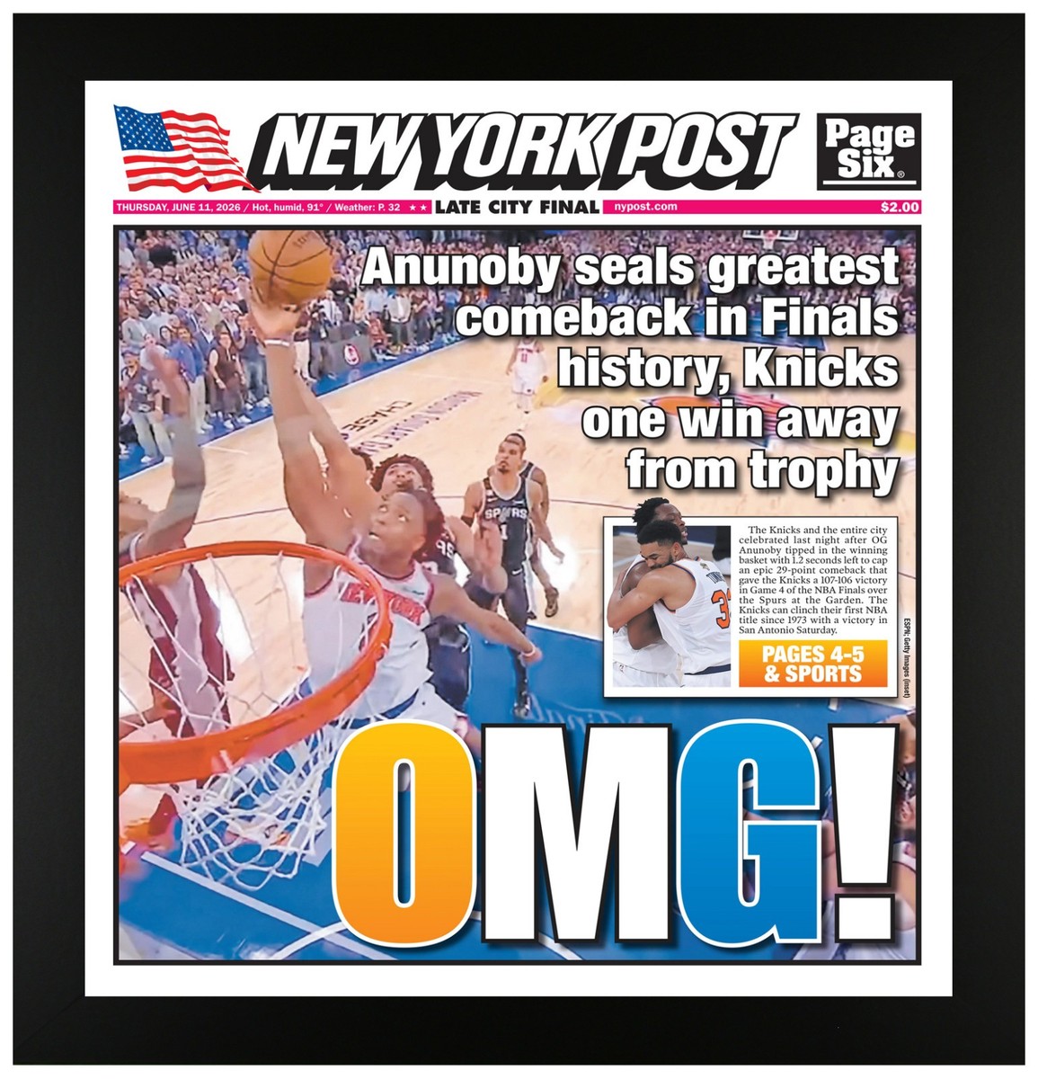 New York Knicks 2026 NBA Finals Champions OG Anunoby Framed
