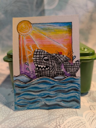 Shiny Shark ACEO ATC Original Art Card Hand Painted 