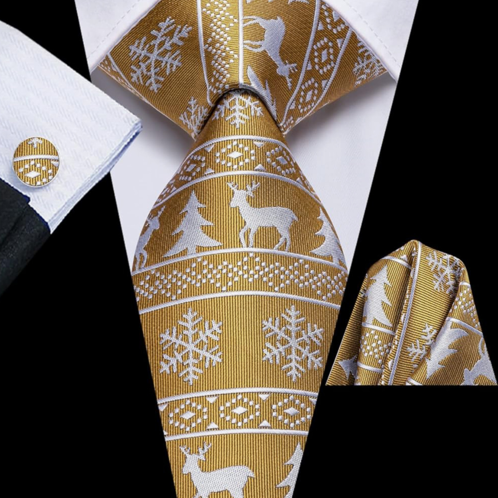 Christmas Ties Set 10pc Pocket Squares + Cufflinks Gold/Black/White  NWT Hi-Tie