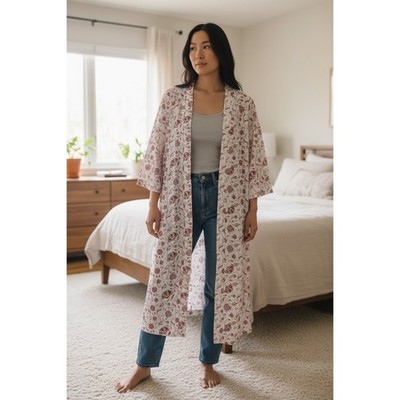 Universal Thread Floral Duster Kimono Red Purple Cotton Open Front OSFM NWT's