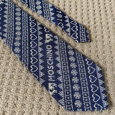 MOSCHINO Wool & Silk Tie Spellout Woven Hearts Cow Blue Beige Made in Italy