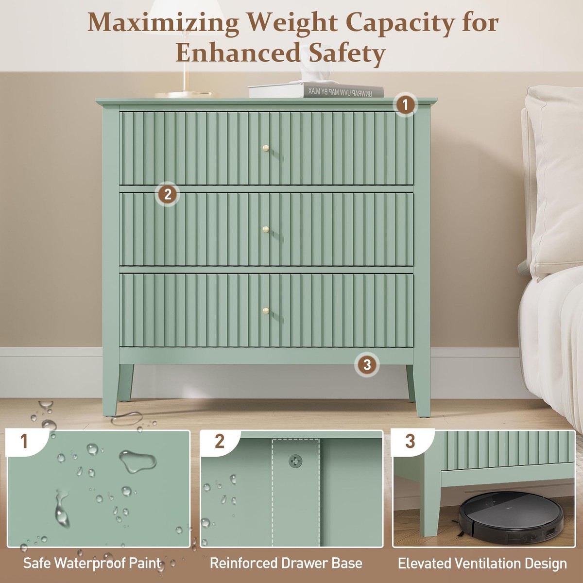 Large Sage Green 3 Drawer Dresser, Painted 30 Inch Tall Wood Nightstand with ... | eBay Large Sage Green 3 Drawer Dresser, Painted 30 Inch Tall Wood Nightstand with ... | eBay