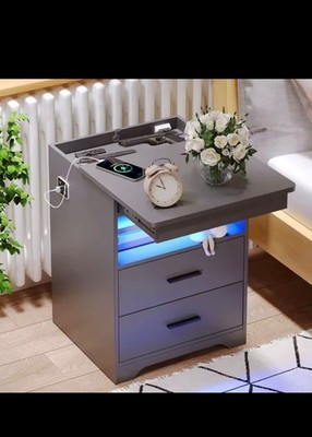 LED Bedside Table with Hidden Drawer, Bedside Table with Charging Station