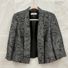 Kasper Blazer Womens 10 Silver Metallic Swirl Jacquard Open Front Shimmer Jacket