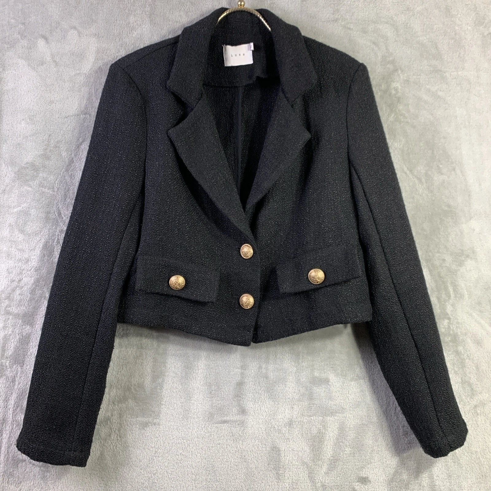 LUSH Cropped Blazer Blk Woven Gold Ornate Buttons Old Money Preppy Career Sz M