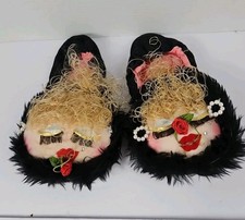 Rare Vintage Boudoir Novelty Lady's Slippers Doll Face Lashes Curly Hair