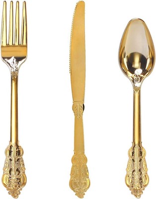 WDF 300 Pieces Gold Plastic Silverware Disposable - Heavy Duty - Baroque 