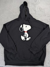 Peanuts Snoopy Chenille Patch Black Hoodie Sweatshirt Mens XL Embroidered Pullov