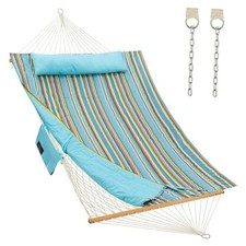Outdoor Double Hammock with Hardwood Spreader Bars, Large Rope Bule Stripe