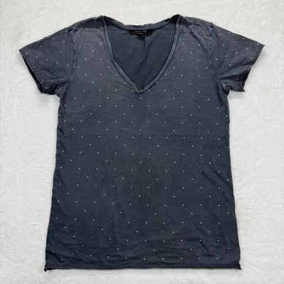 AllSaints Emlyn Stud Tee V-Neck T-Shirt Studded Top Gray Small