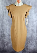 Calvin Klein Tan Brown Ruffle Sleeve Bodycon Dress Pencil Wom3ns 10 NWT $154