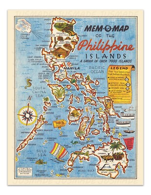 THE PHILIPPINES MEM-O-MAP Vintage Pictorial Map 1945 -Unframed- Print