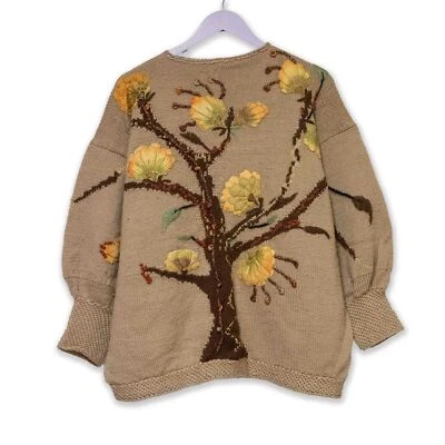 Pull Vintage Marron Avec Broderie Florale Col Rond Années 80 90 - Taille L/X - Photo 1/4