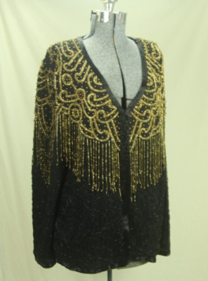 AJ Valenci Silk Beaded Evening Jacket XL Black Gold Fringe