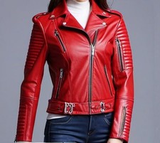 Women's Red Genuine Leather Jacket - Stylish Moto Biker Coat - Premium Quality