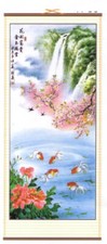 ORIG. CHINA ROLLBILD-WASSERFALL MIT GOLDFISCHEN & KIRSCHBL&Uuml;TEN