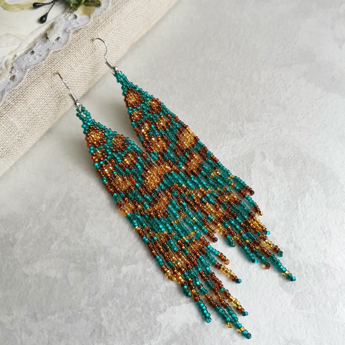 Leopard long seed bead fringe dangle earrings cheetah jewelry
