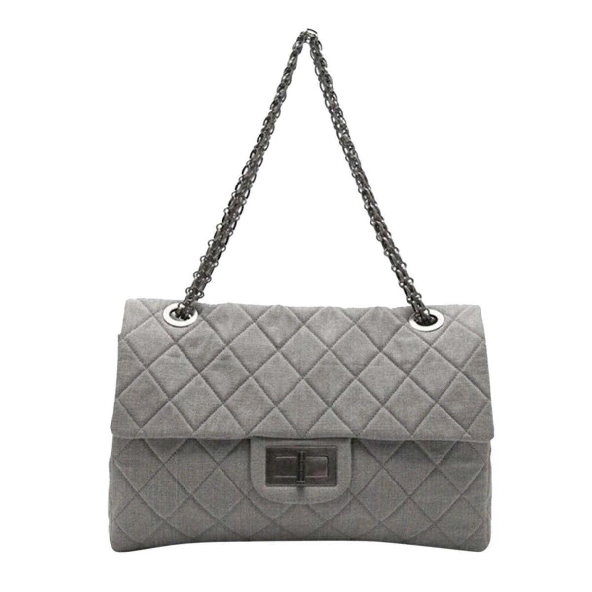 Chanel XXL Maxi 2.55 Reissue Airlines Classic Flap Grey Denim Logo Shoulder  Bag