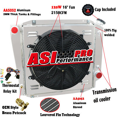 3 Rows Aluminum Radiator Shroud Fan FOR 1966-1977 Ford Early Bronco 5.0L 302 V8