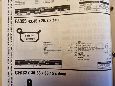 FA325 Brake Pads Husqvarna CR50 SM50 LEM KTM 50 SX 65 SX Polini X1R Tomos MC 50