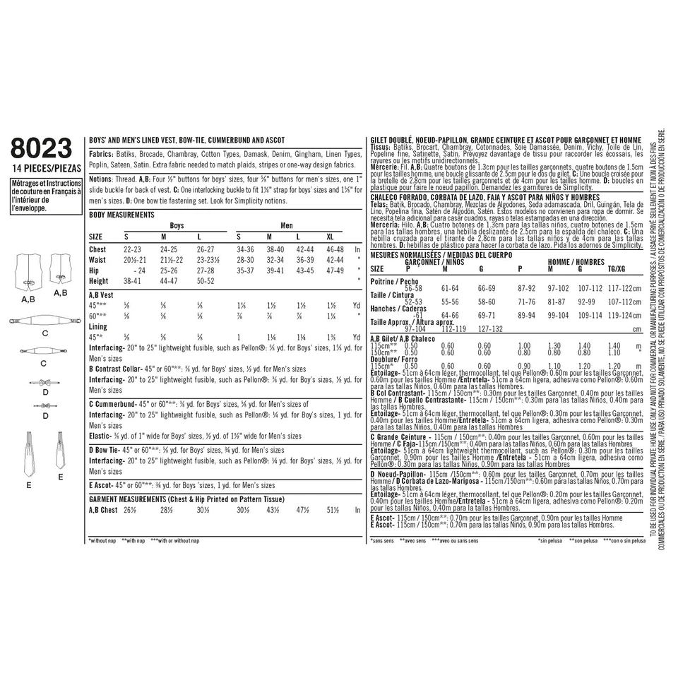 SIMPLICITY 8023 MEN'S BOYS VEST BOW TIE Sewing Pattern Vest Tie Size S-L  S-XL - Image 2 of 4