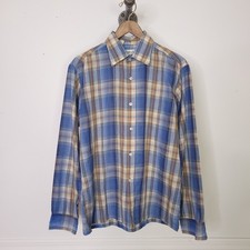 Vintage 70's Plaid Blue Rockabilly Button up Shirt Men's Size M Lightweight