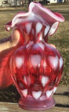 Vintage Fenton Cranberry Glass opalescent PINK OPTIC HEARTS PITCHER 5.5 tall