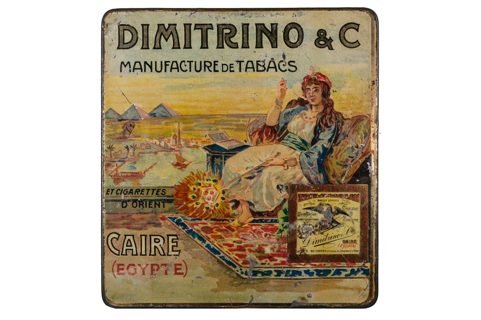 Rare 1900s Egyptian Dimitrino “Luxor" litho 100 cigarette tin in fair condition