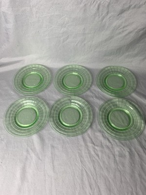 6 Set Uranium Glass Plates  Block Optic  Pattern- Produced Depression Era 1930s